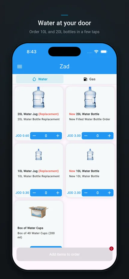Zad app water ordering screen