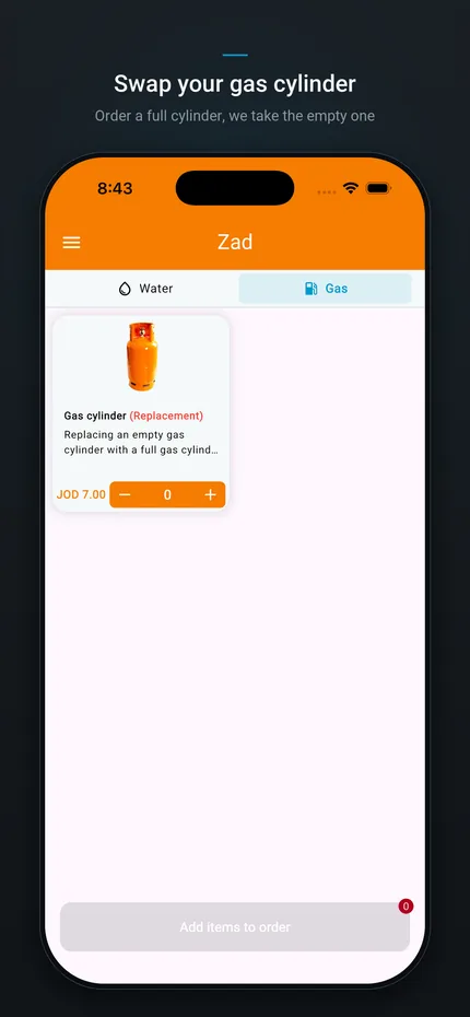 Zad app gas ordering screen