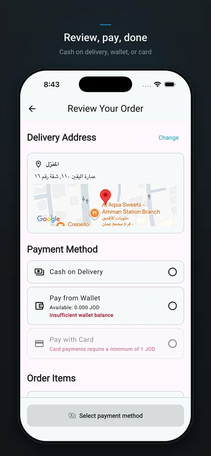 Zad app order review and payment screen